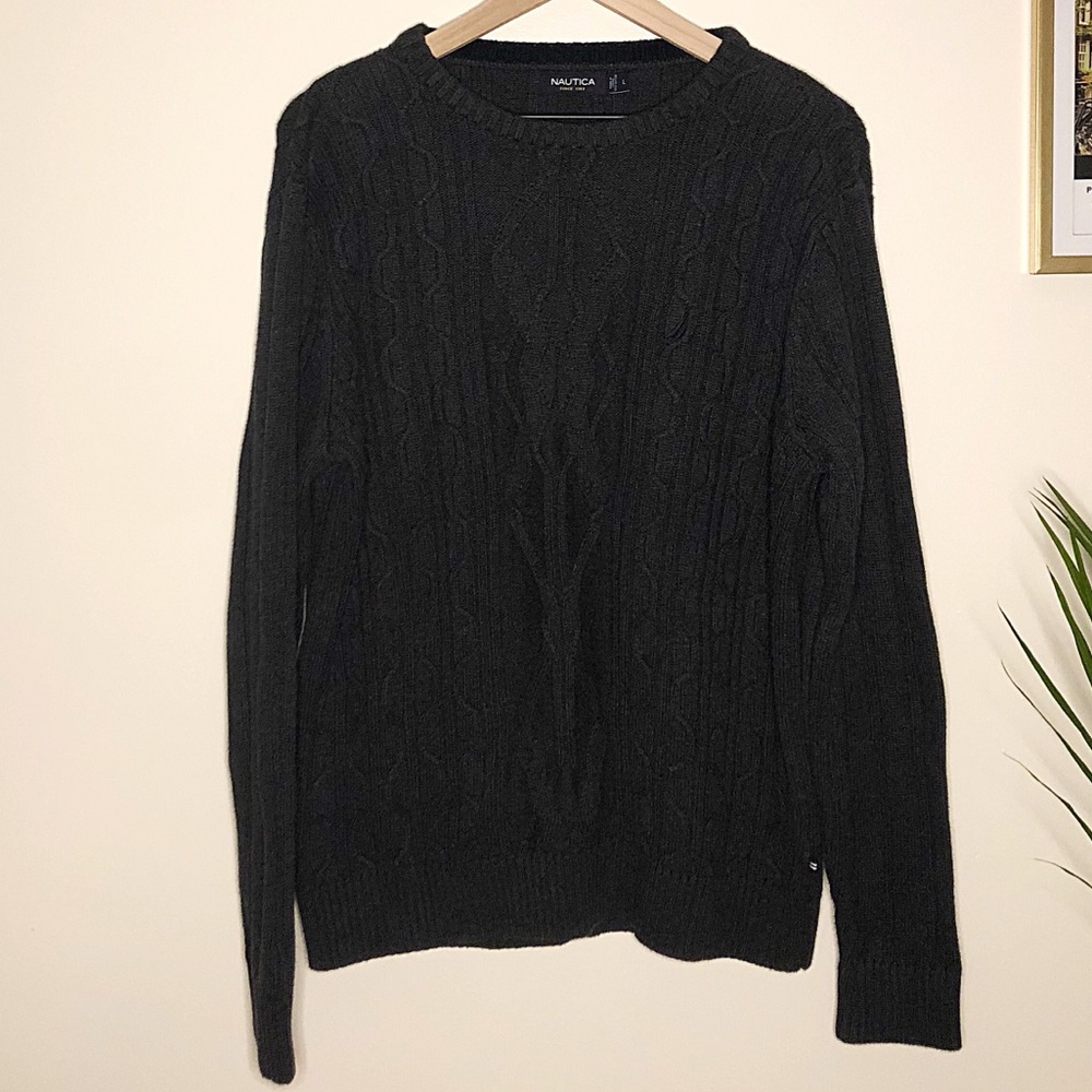 Grey Chunky Cable Knit Cotton Men's Sweater Large